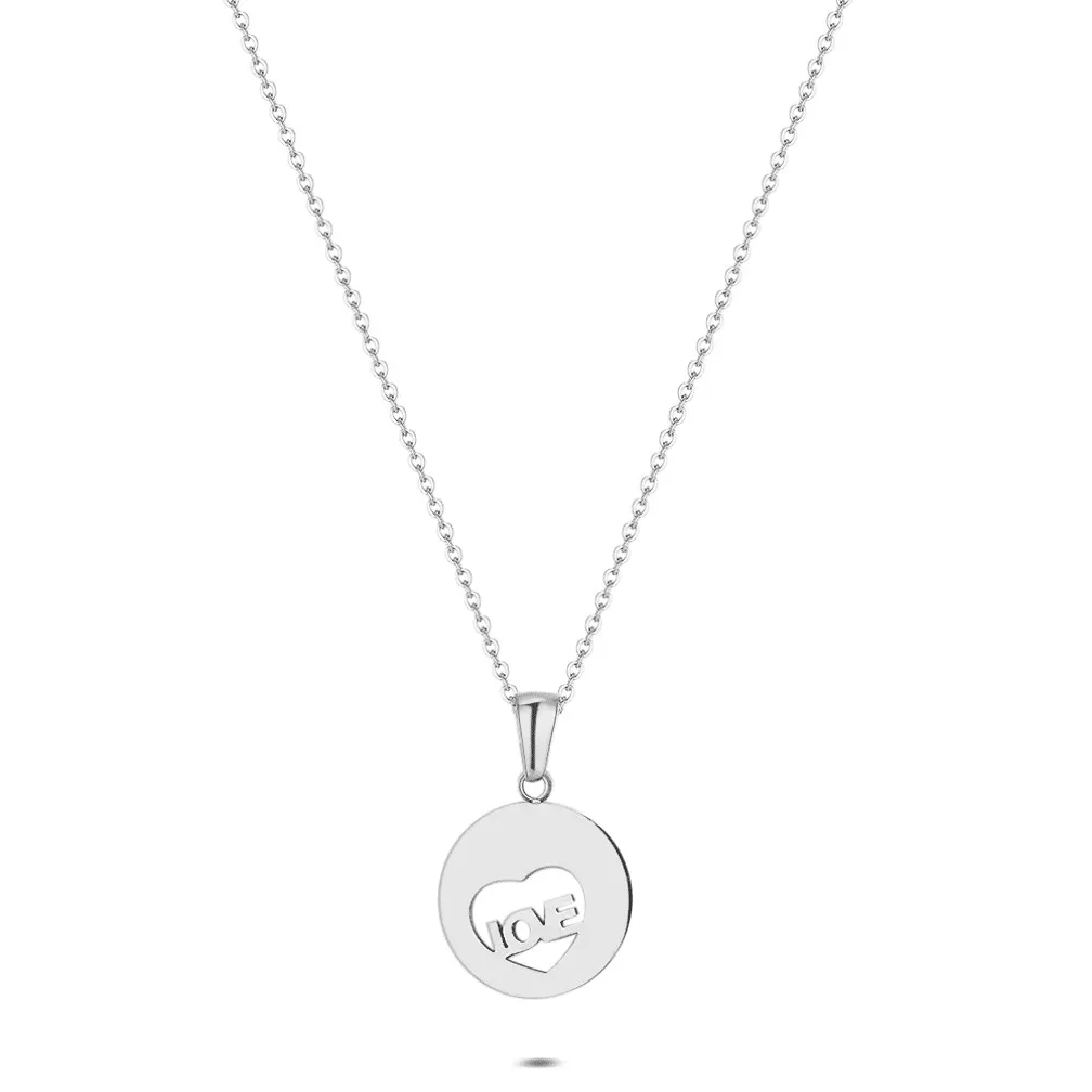 Halsketting in edelstaal, ronde hanger met hart
