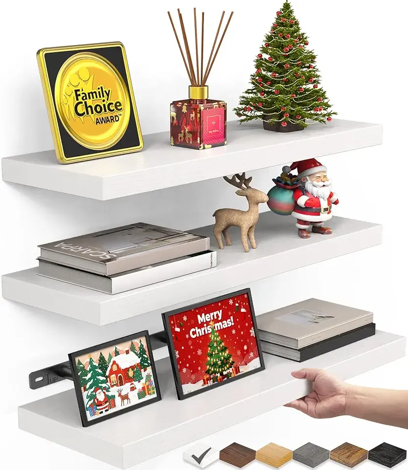 White Floating Shelves for Wall – Rustic Wood Wall Shelves with Metal Brackets for Bathroom, Bedroom, Kitchen, or Living Room Decor Organization – Set of 3, Sturdy Storage with 22lb Capacity