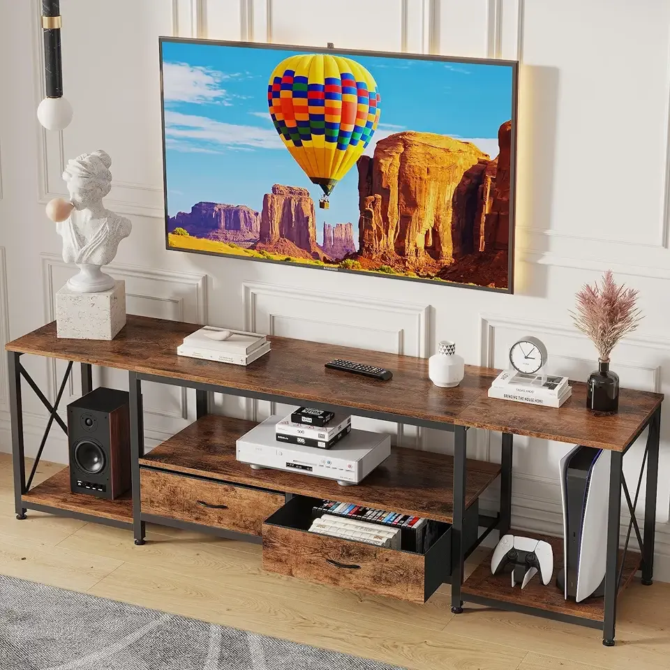 GYIIYUO TV Stand with Fabric Drawers for 65 70 75 Inches TV - Entertainment Center and Industrial TV Console Table with Open Storage Shelves for Living Room, Bedroom - 63" Rustic Brown