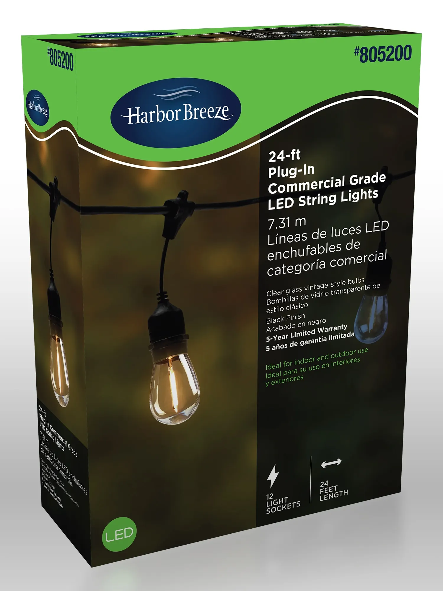 24-ft Plug-in Black Outdoor String Light with 12 White -Light LED Edison Bulbs