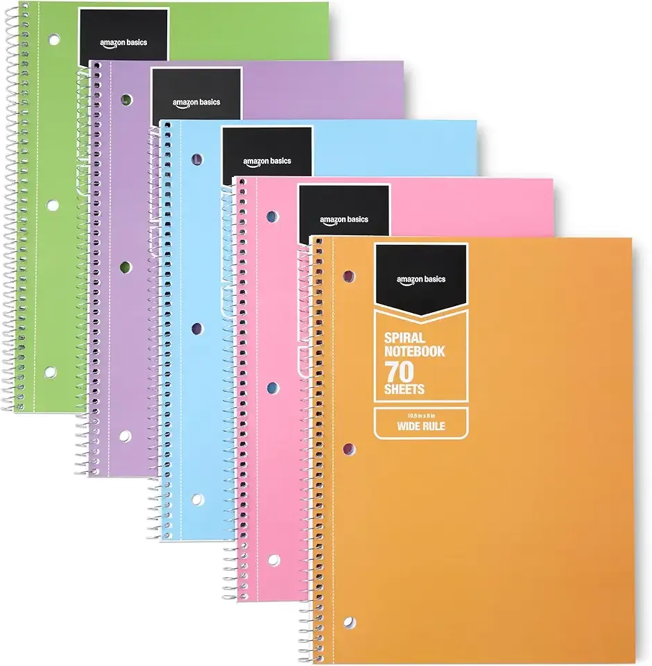 Amazon Basics Wide Ruled Spiral Notebooks, 8" x 10-1/2", 70 Sheets, Assorted Pastel Solid Colors, 5 Pack