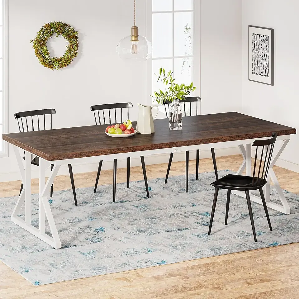 Tribesigns Farmhouse Dining Table for 6-8 People, 78.7-Inch Rectangular Wood Dining Table, Rustic Kitchen Table with Heavy Duty Metal Legs for Dining Room