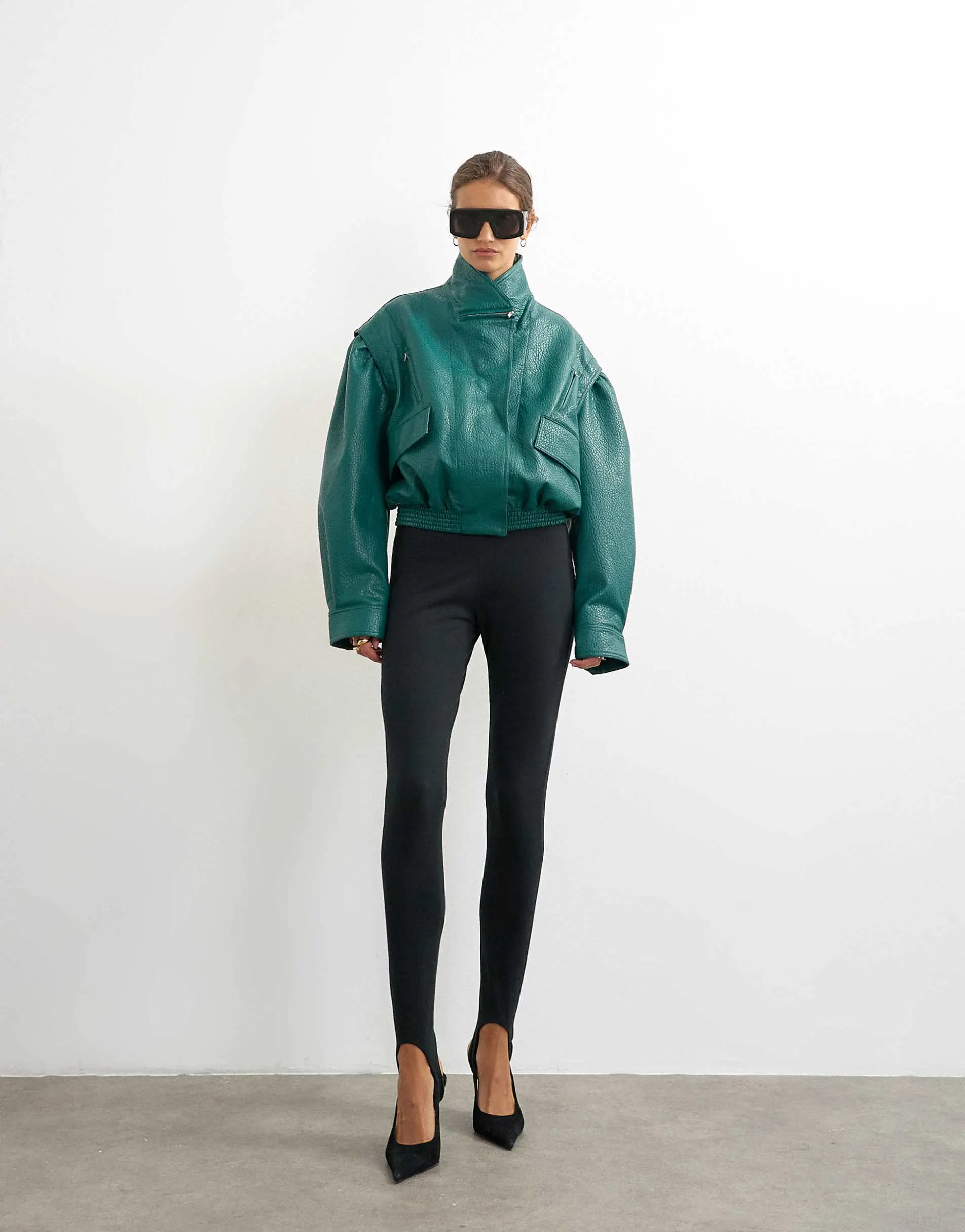 Topshop faux leather cropped bomber with zips in green