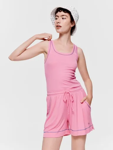 Pink Contrast Bamboo Rib Long Short