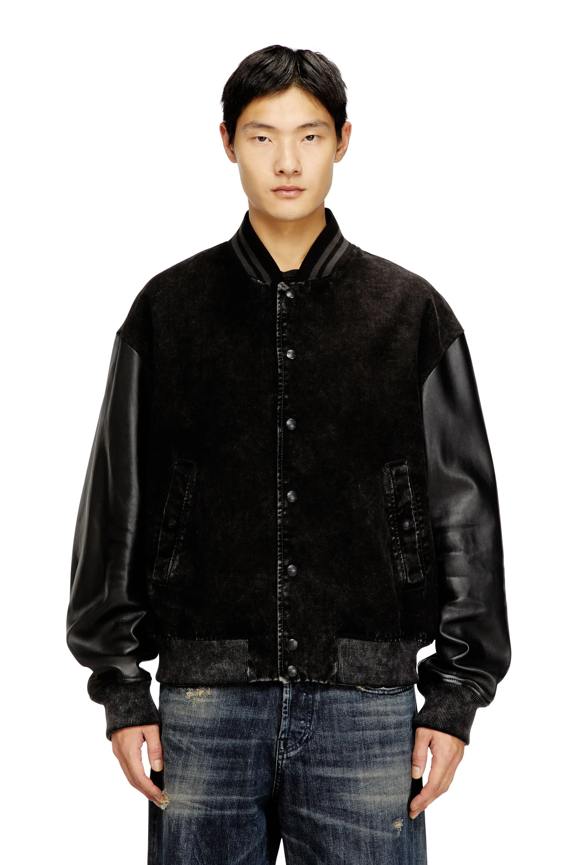 Denim and leather bomber jacket
