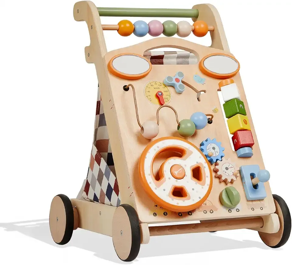 GROWNSY Wooden Baby Walker with Wheels, 3-in-1 Sit-to-Stand Baby Walker with Adjustable Speed, Montessori Push Walker with 7-in-1 Removable Activity Panel, First Birthday Gifts for Boys & Girls