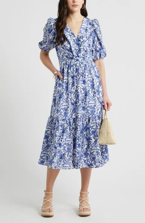 Caslon® Twist Detail Allover Print Midi Dress