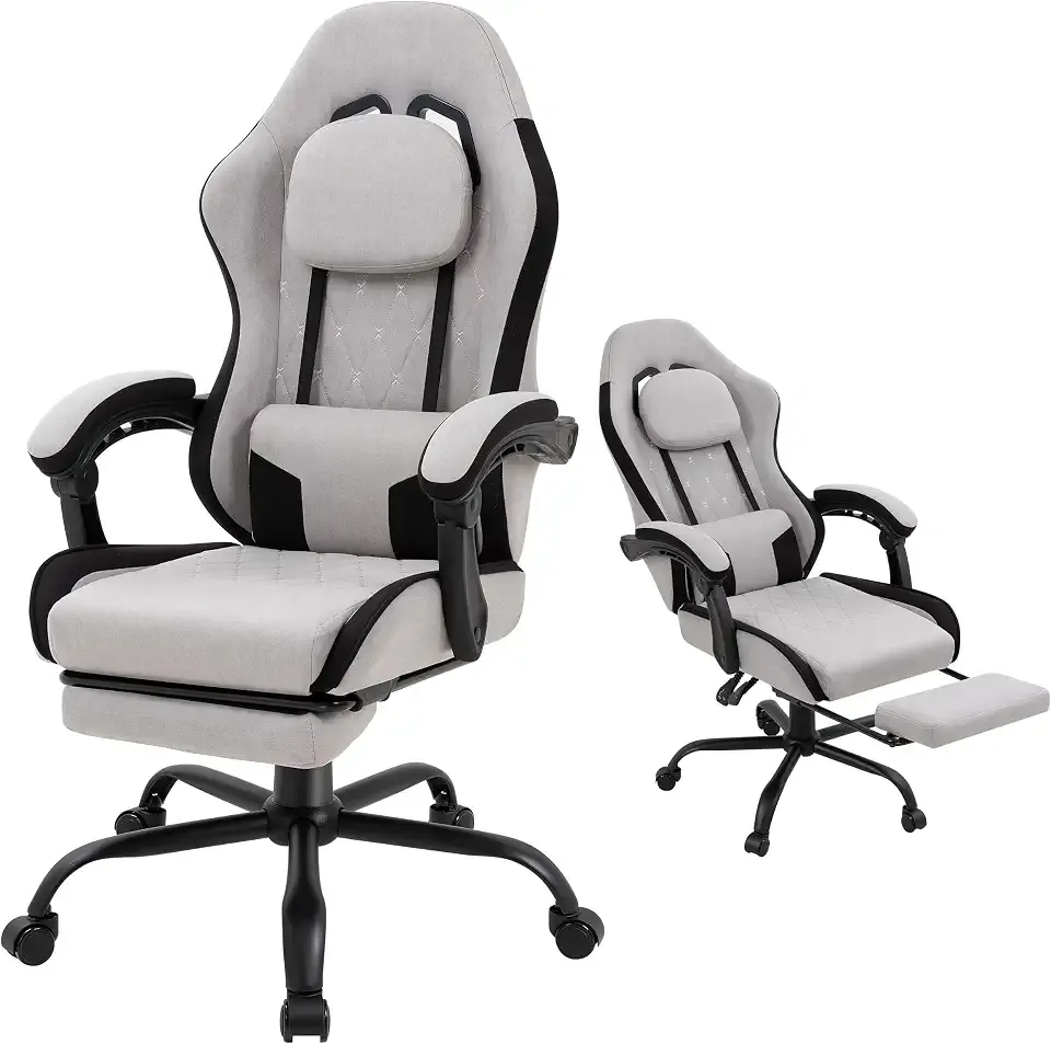 Gaming Chair for Adults, Fabric Gaming Chair with Footrest and Pocket Spring Cushion, Ergonomic Gamer Chair with Lumbar Support, Reclining Computer Gaming Chair with High Back, Grey