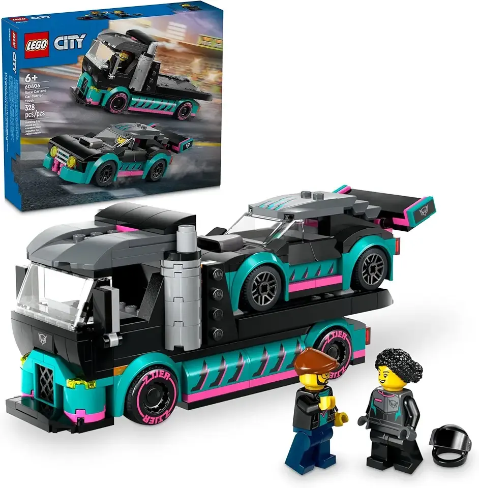 City Race Car and Car Carrier Truck Building Toys - Pretend Play Toys for Boys & Girls, Ages 6+ Years - Gift for Christmas - W/Racer & Driver Minifigures - 60406