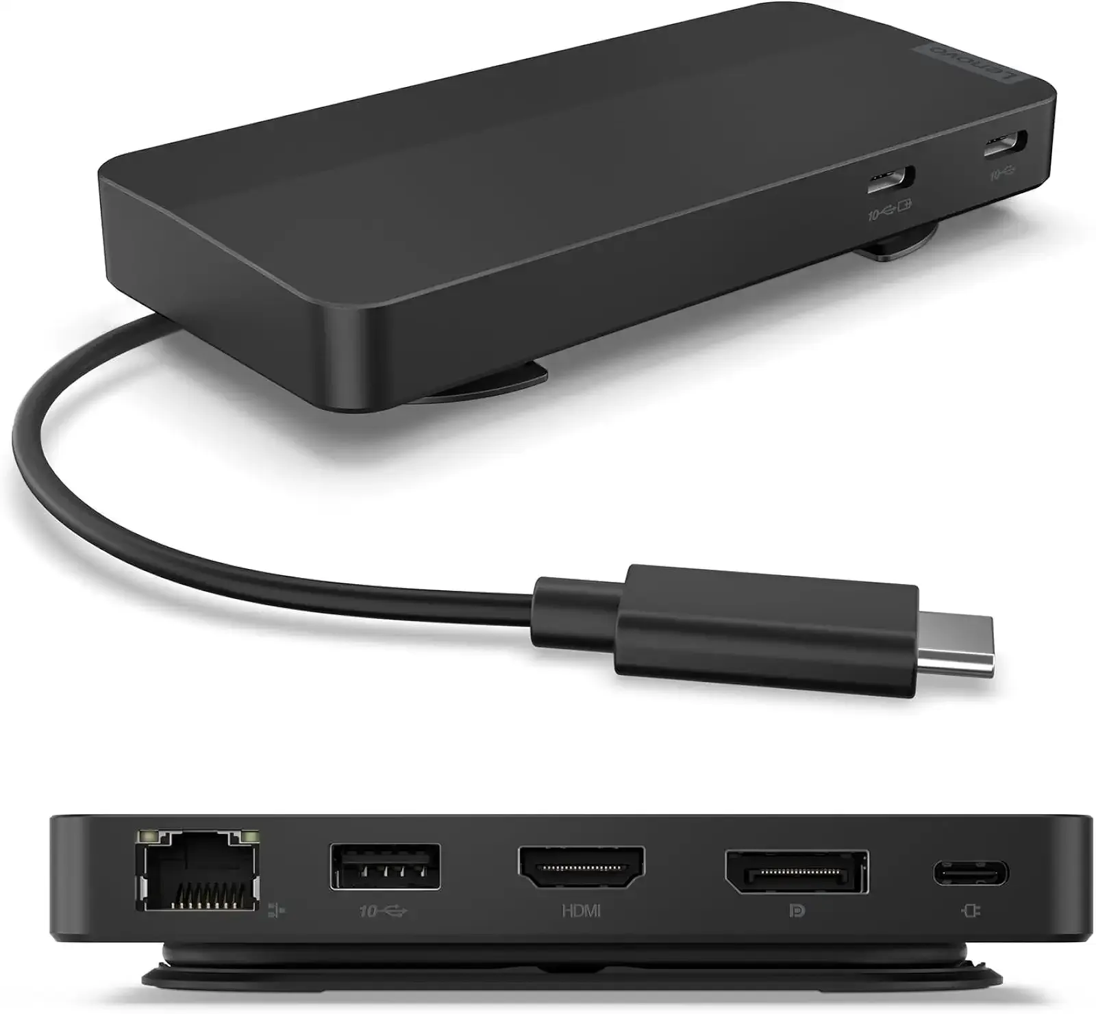 Lenovo USB-C Dual Display Travel Dock - 7 Ports, Integrated USB-C Cable, Universal Compatibility, Dual Displays at 4K - Black