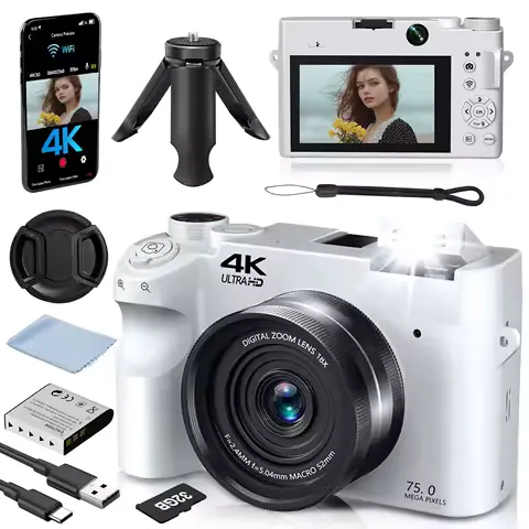 4K Digital Camera - 75MP Front & Rear with Autofocus & Anti-Shake, 3'' Selfie Vlogging Camera, Ultra Bright Flash, 18X Zoom