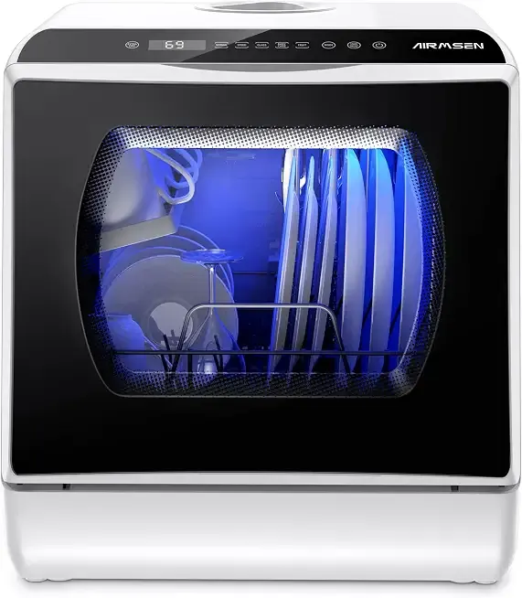 AIRMSEN Portable Countertop Dishwasher, No Hookup Needed | 6 Programs, 1-Hour Hot Air Drying & 72-Hour Air Circulation, Built-in Water Tank, for Home, Apartments & RVs