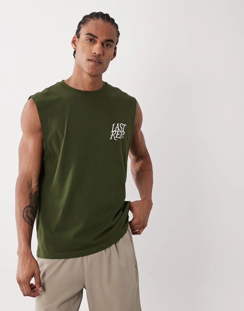 4505 cotton oversized pump training tank top with chest print and quick-dry finish in washed khaki