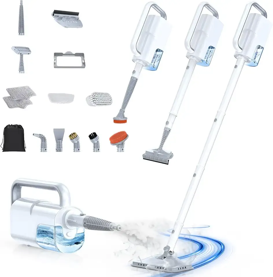ScrubWiz Steam Mop with Detachable Handheld Steam Cleaner, 10-in-1 Multi Accessories, Quick 10s Heat, 350ml and 2-Level Steamer for Cleaning Floor, Carpet, BBQ Grill, Tile, and Grout, Light White