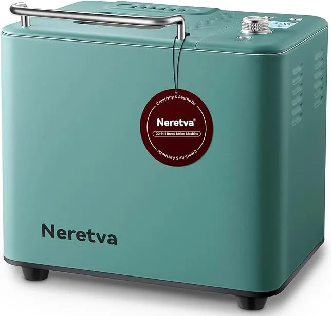 Neretva Bread Maker, 20-IN-1 2LB Bread Machine Dual Heater Bread Maker Machine Automatic with Nonstick Ceramic Pan, 15H Timer & 1H Keep Warm Set, Low Noise, Stainless Steel Breadmaker Recipe-Green