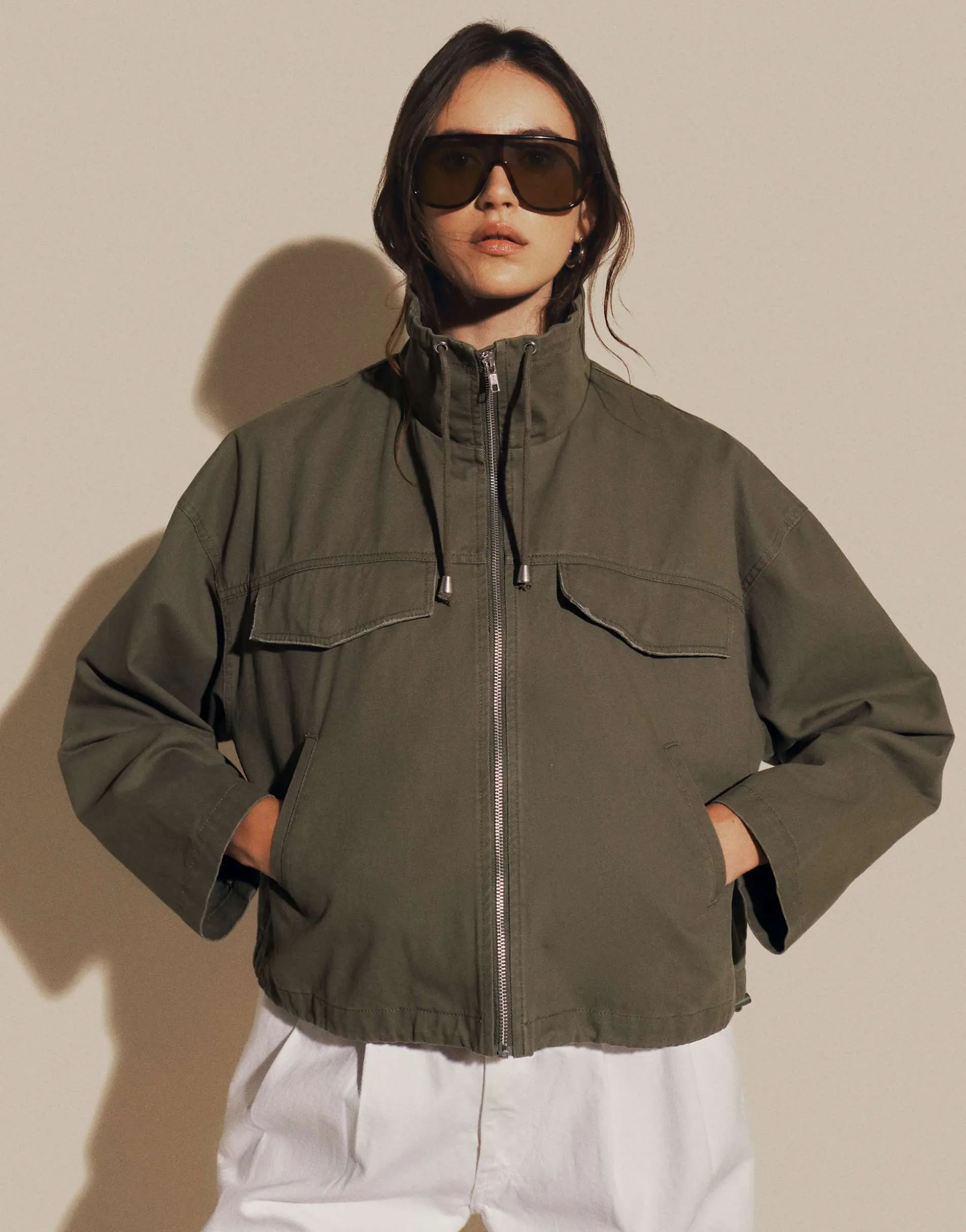 ASOS DESIGN denim lightweight funnel neck jacket with drawstring detail in khaki