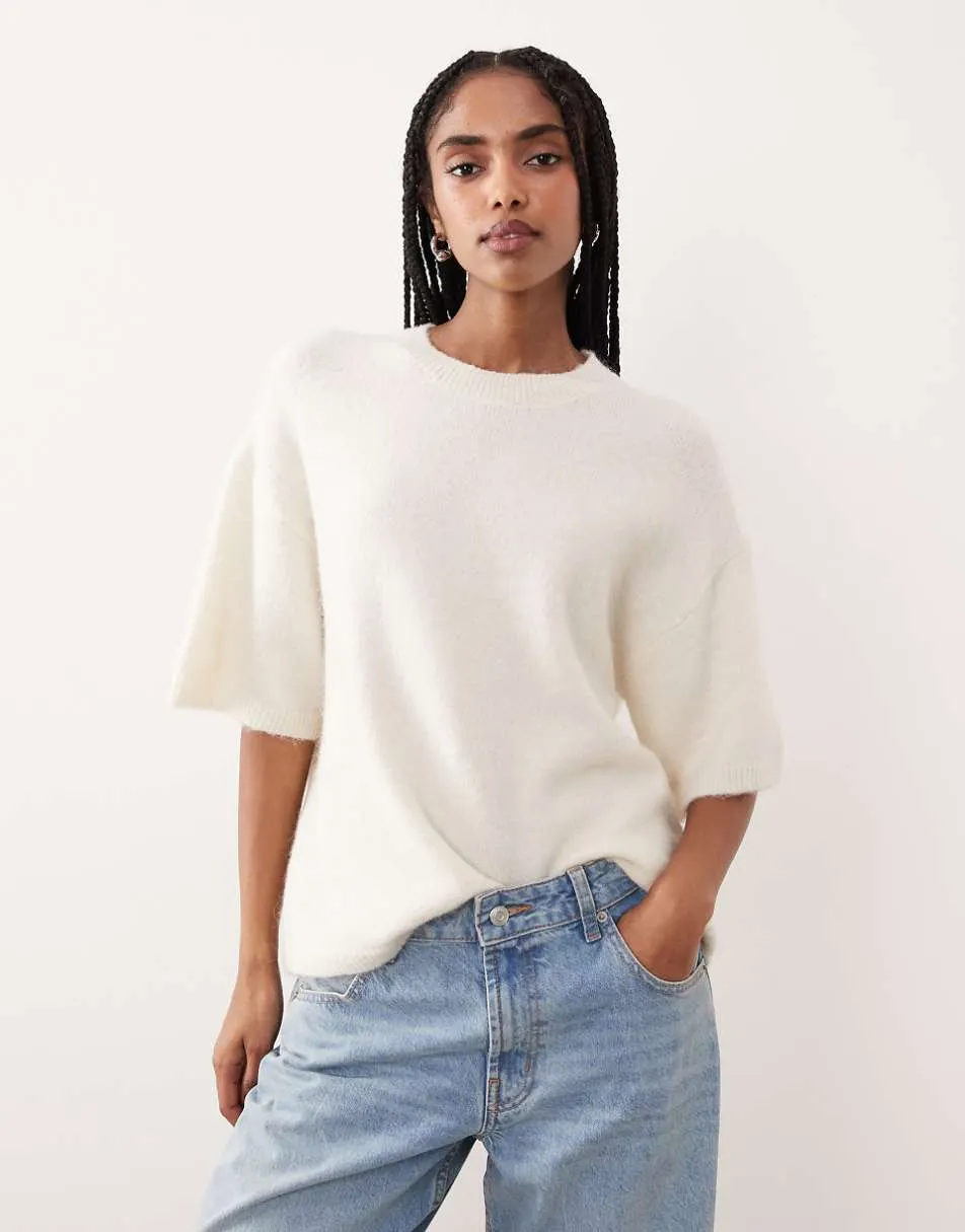 Gina Tricot relaxed fit knitted wool alpaca short sleeve top in cream