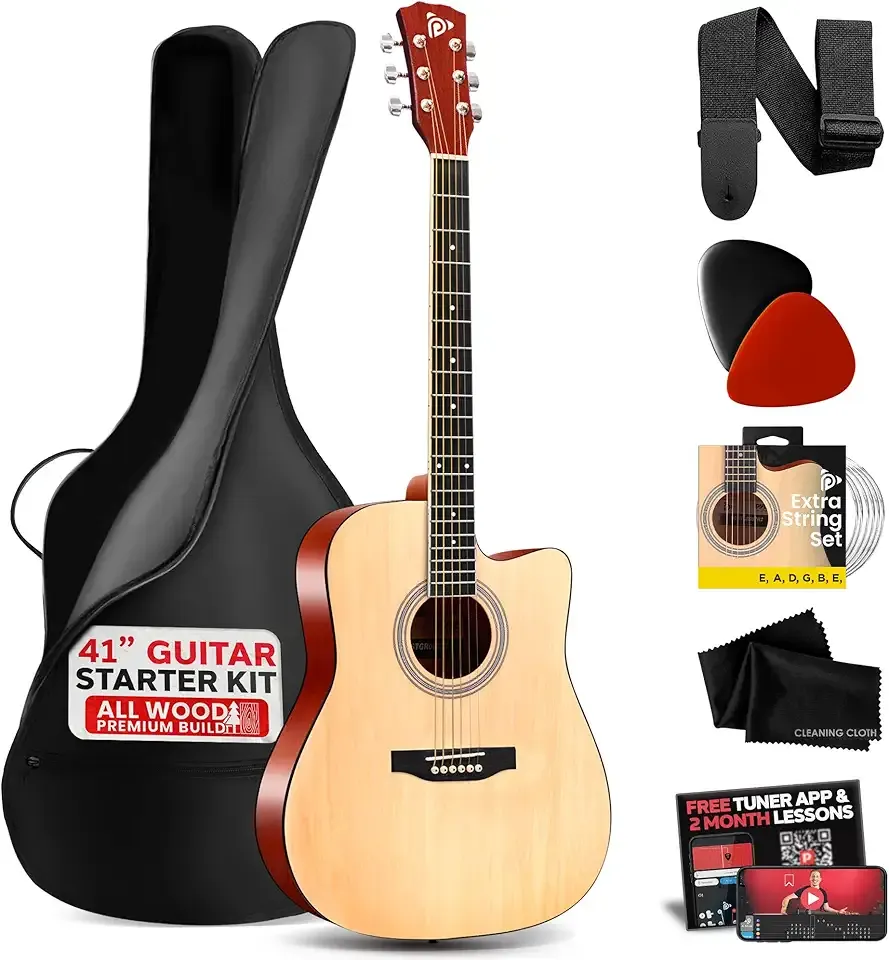 Pyle Steel String Acoustic Guitar Kit, 4/4 Full Size Cutaway All-Wood Guitarra Acustica with Premium Accessory Set and Upgraded Gig Bag, 41" Natural Glossy