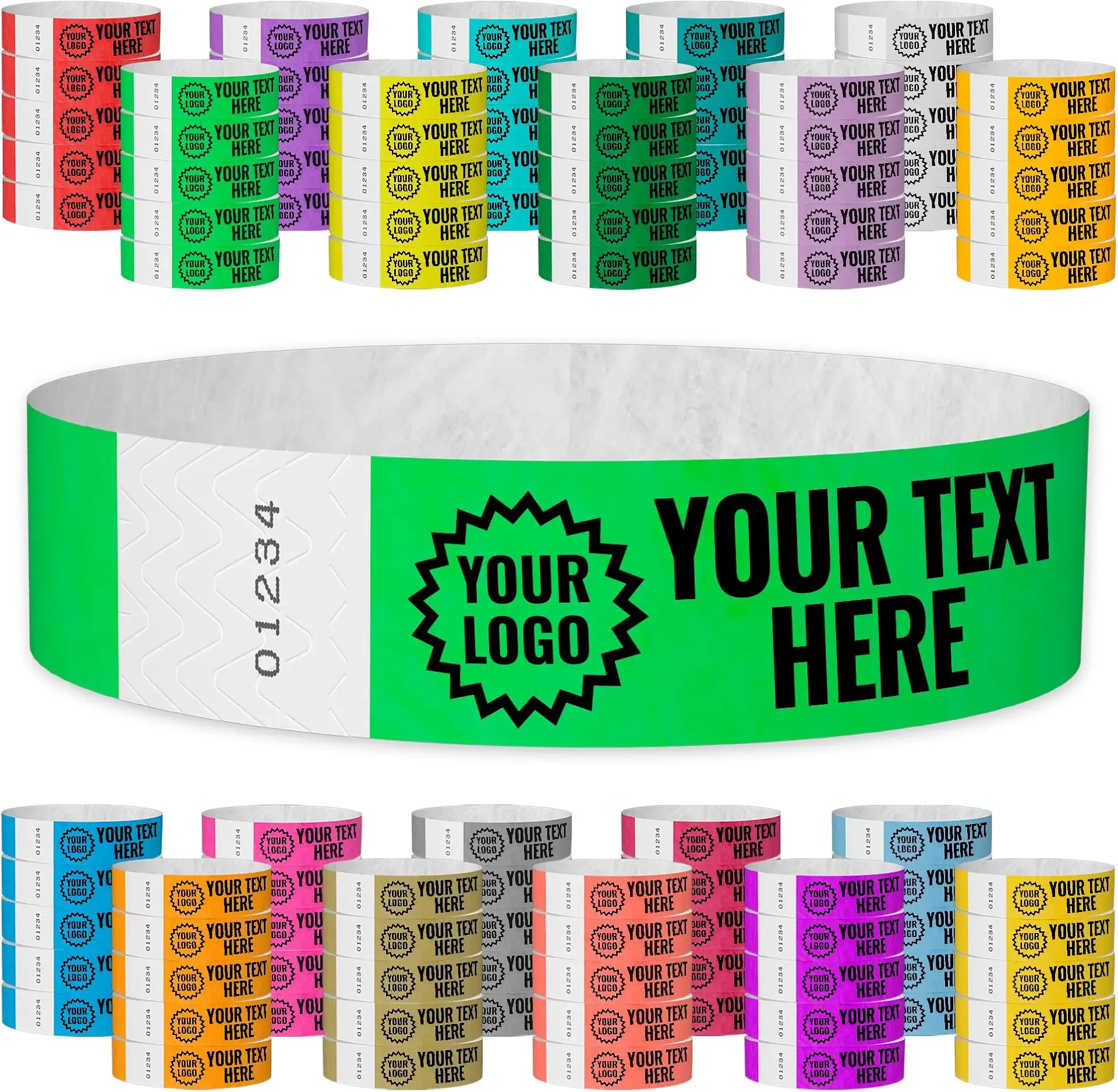 WristCo Neon Green Custom Imprint Wristbands - 100 Count Tyvek ¾” x 10”- Add Any Text Logo and Image & Receive Printed Wrist Band Bracelets for Events Concert Party Festival Security Admission VIP