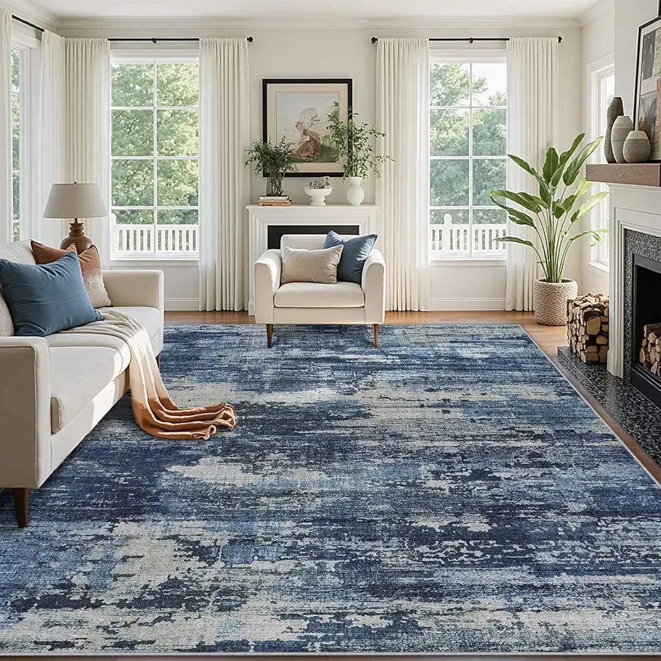 8x10 Area Rugs for Living Room：Large Machine Washable Area Rug with Non Slip Backing Non Shedding Abstract Stain Resistant Carpet for Bedroom Dining Room Nursery Home Office - Beige/Blue
