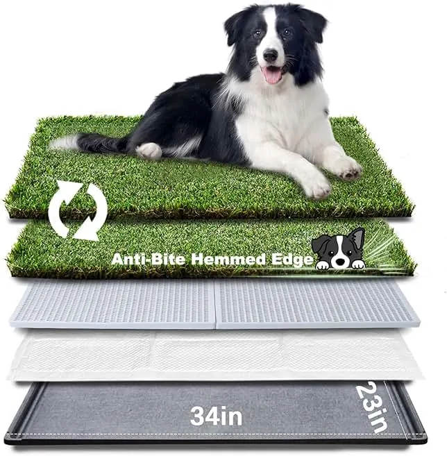 HQ4us Dog Grass Pad with Tray Large 34”×23” Dog Litter Box Toilet with 2×Artificial Grass for Dogs with Hemmed Edge, Pee Pads for Dogs, Realistic, Les…