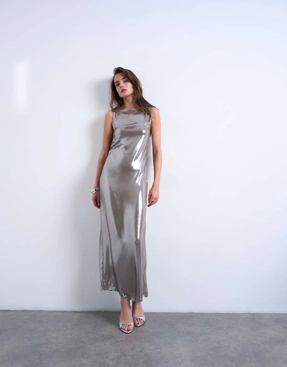 Topshop metallic midiaxi dress with silver hardware in silver