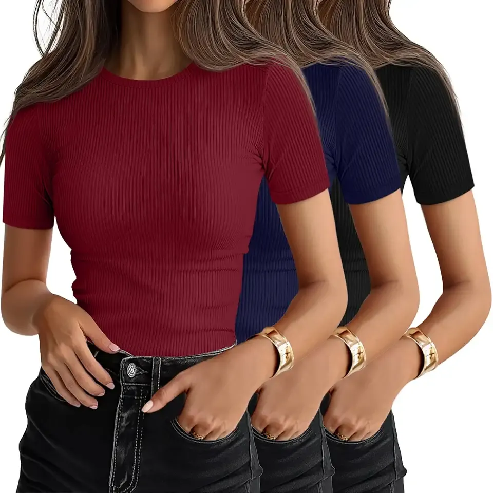 3 Pack Women's Ribbed T-Shirts, Cotton Short Sleeve Basic Tees Crewneck Fitted Tops Casual Shirts 2025 Summer Trendy