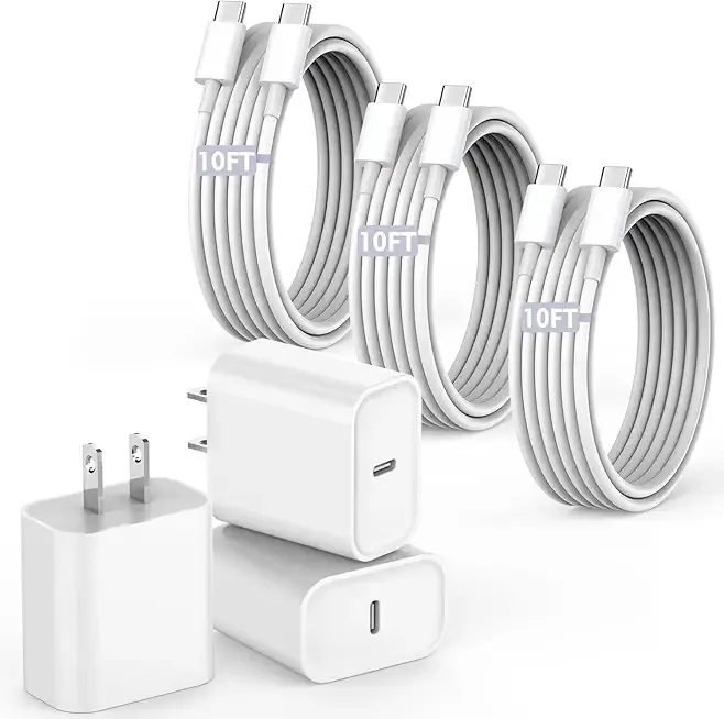 10FT Fast Charging Cord for iPhone 17 16e 15,3Pack Extra Long 10Foot USB C to Type C Charger Cable 20W USBC Charger Block Cube Super Quick Charging for iPhone 17 Air/17 16 15 Pro/Plus/Pro Max,iPad Pro