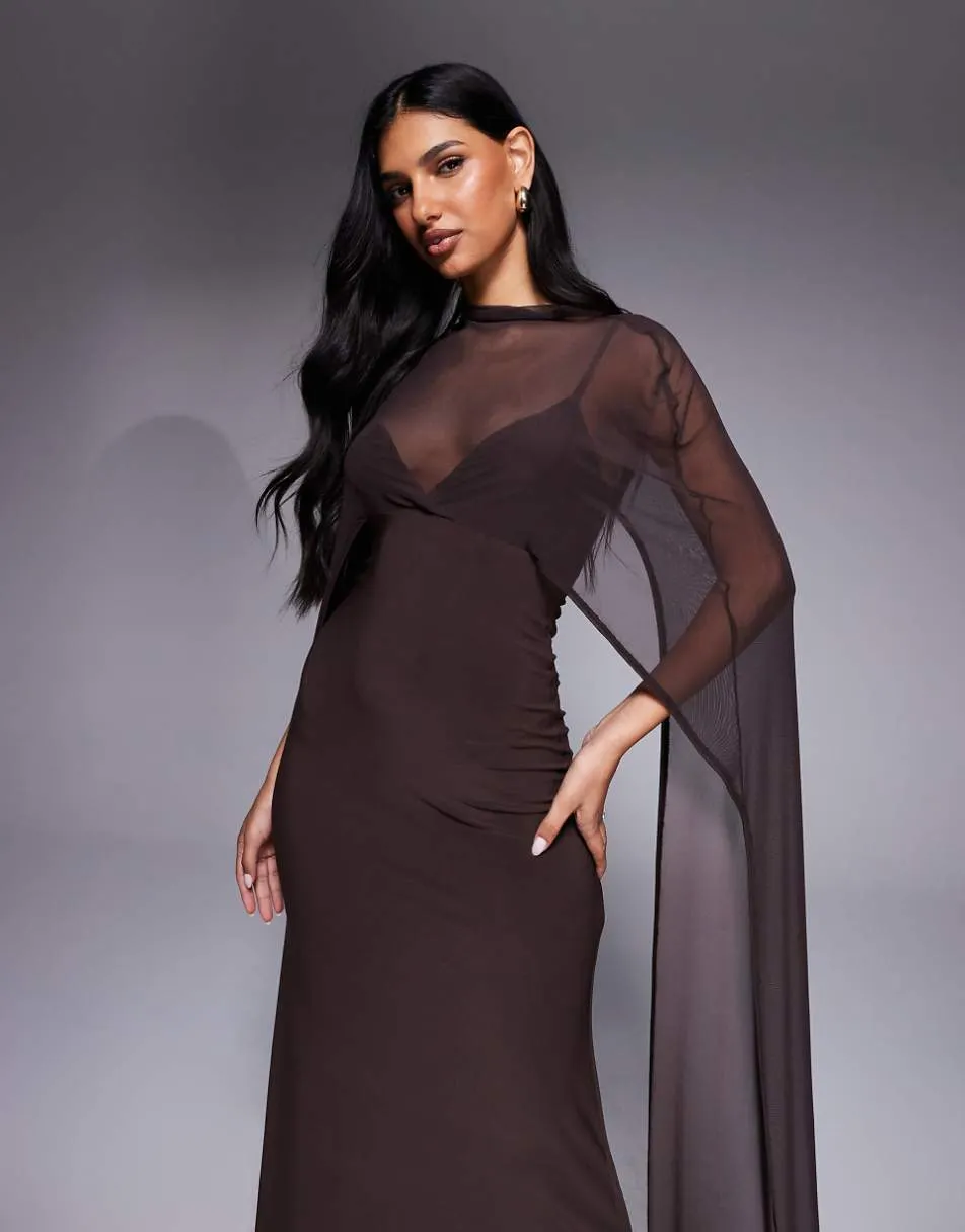 ASOS DESIGN exaggerated cape maxi dress in chocolate
