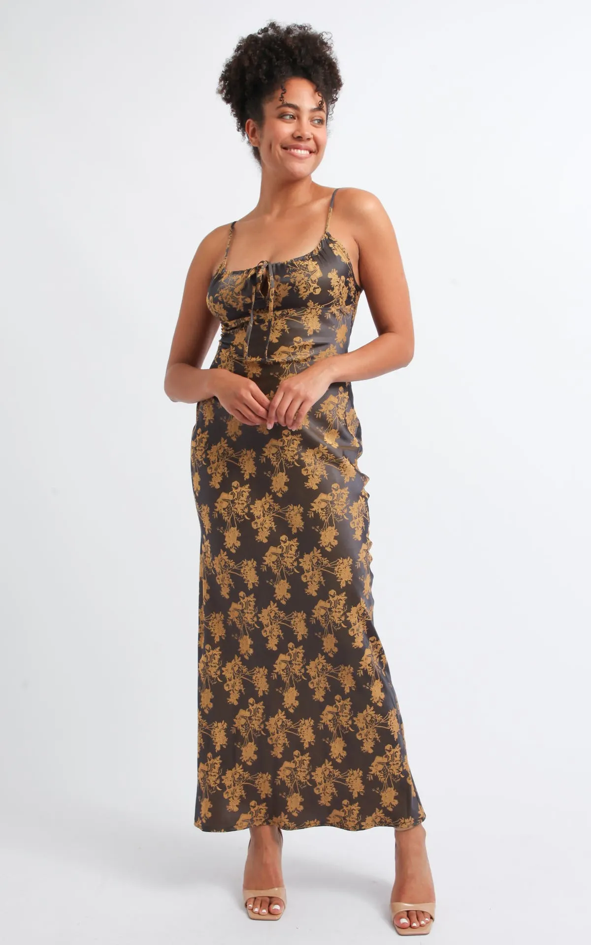 Jacquard Satin Tie Detail Gown