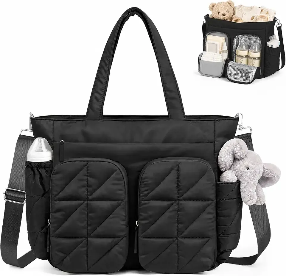 TOPEAST Diaper Bag Tote, Quilted Puffer Baby Bag with Insulated Pockets, Lightweight Hospital Bag for Mom & Dad, Travel, Work