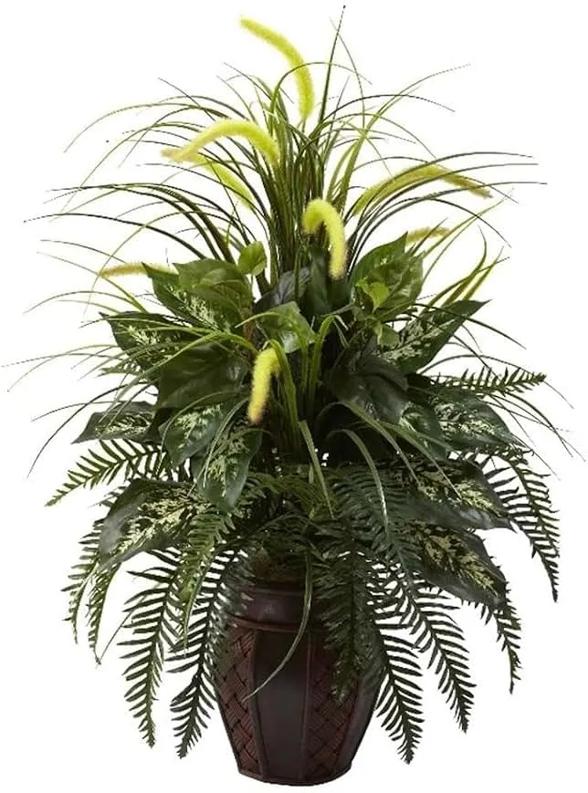 Nearly Natural 6727 3ft. Mixed Greens & Cattails with Planter, 26 x 26 x 36 inches, Green | Lush Lifelike Foliage, Maintenance-Free Maintenance, De…