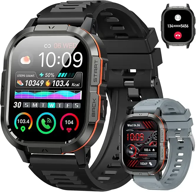 Smart Watch for Men Fitness Tracker: Make/Answer Call Military Smart Watches for Men Digital Watches Heart Rate Monitor Waterproof Running Smartwatch Android Phones iPhone Samsung Compatible 2 Bands