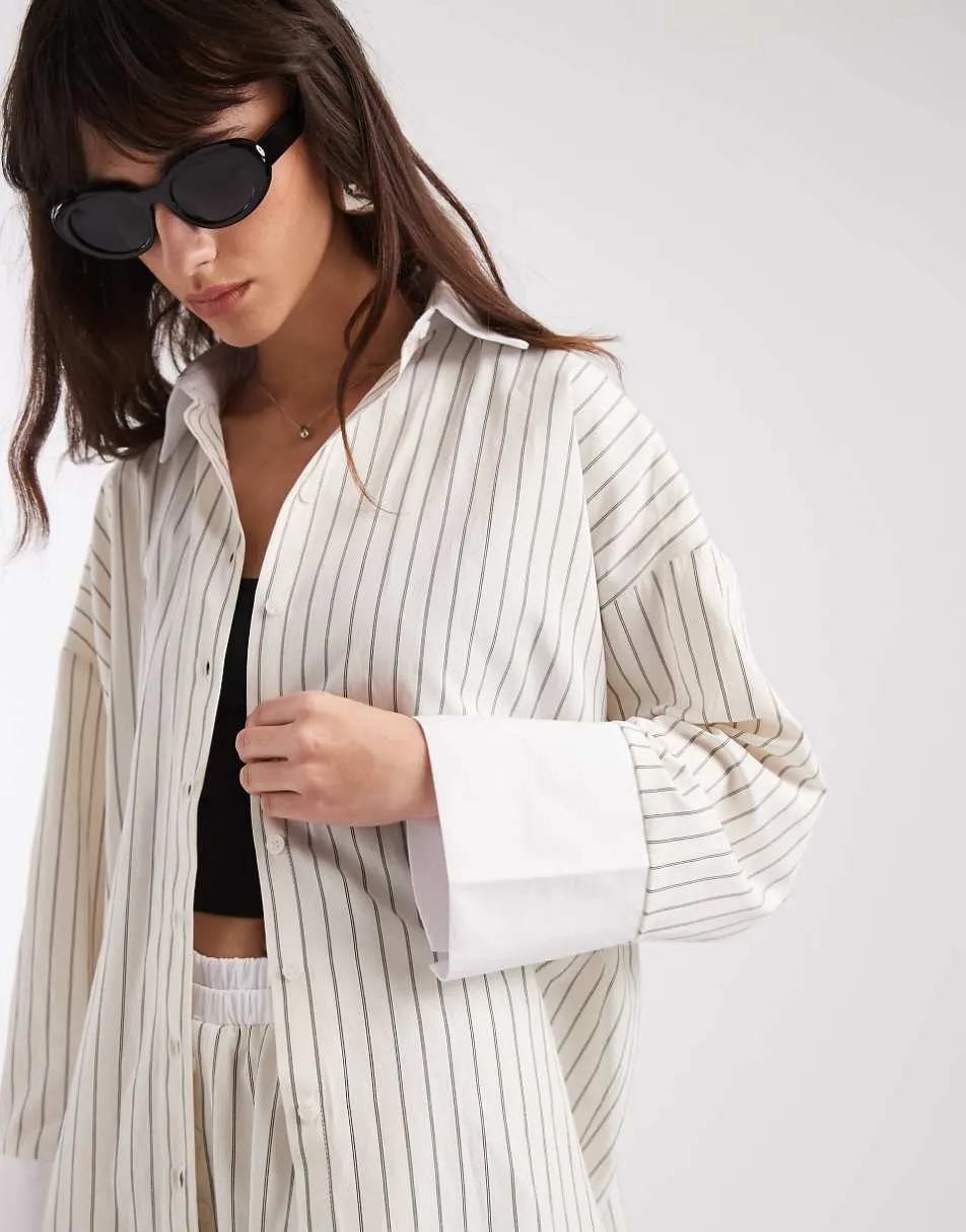 ASOS DESIGN oversized contrast cuff shirt in ecru stripe co ord