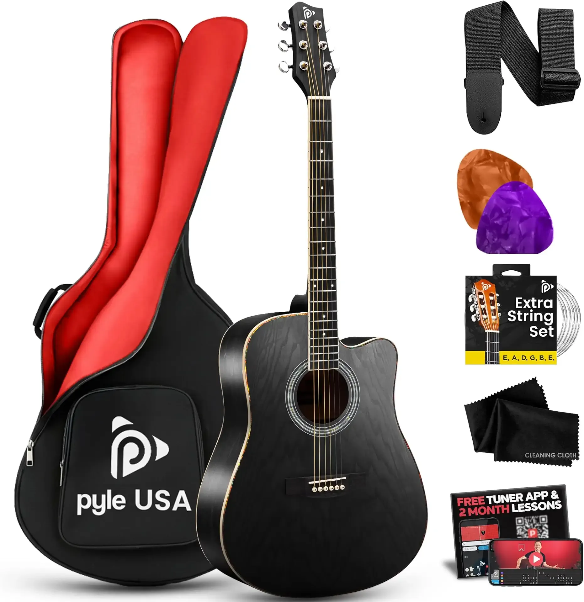 Pyle Steel String Acoustic Guitar Kit, 41" Full Size Cutaway with Ashtree Top, Open Pore Finish, Premium Accessory Set with Armored Gig Bag, Black Matte