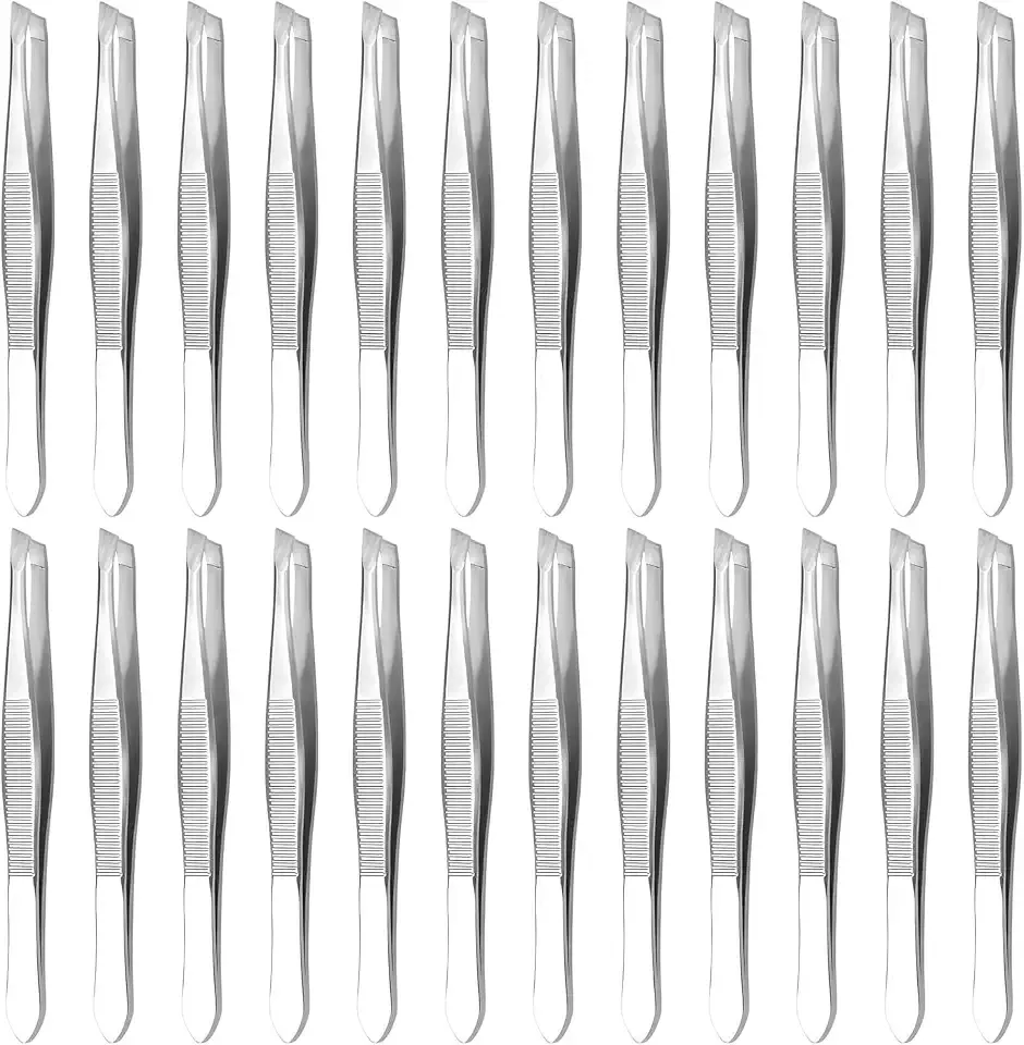 24 Pcs Bulk Tweezers, 3.5 In Stainless Steel, Slanted Tips | First Aid Tweezers Bulk Pack for Brows, Splinters & DIY Crafts; Lightweight for Travel & Home Use; with Heart Clamps