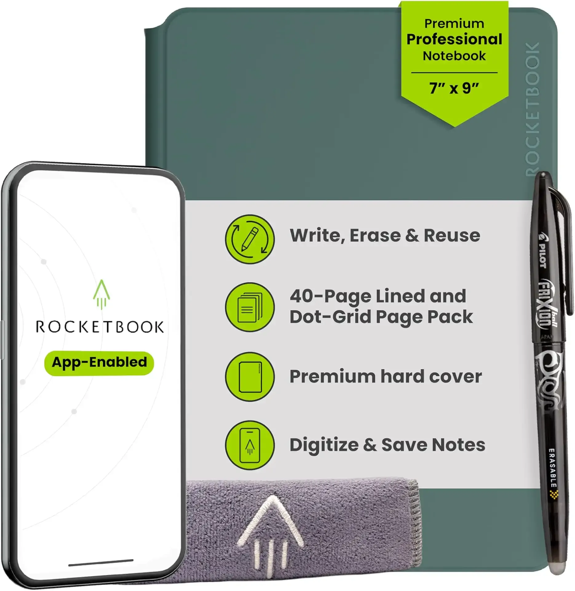 Rocketbook Pro Smart Reusable Notebook, Executive 7x9, Green | Lined and Dotted Interchangeable Pages, For Work and Business Meetings