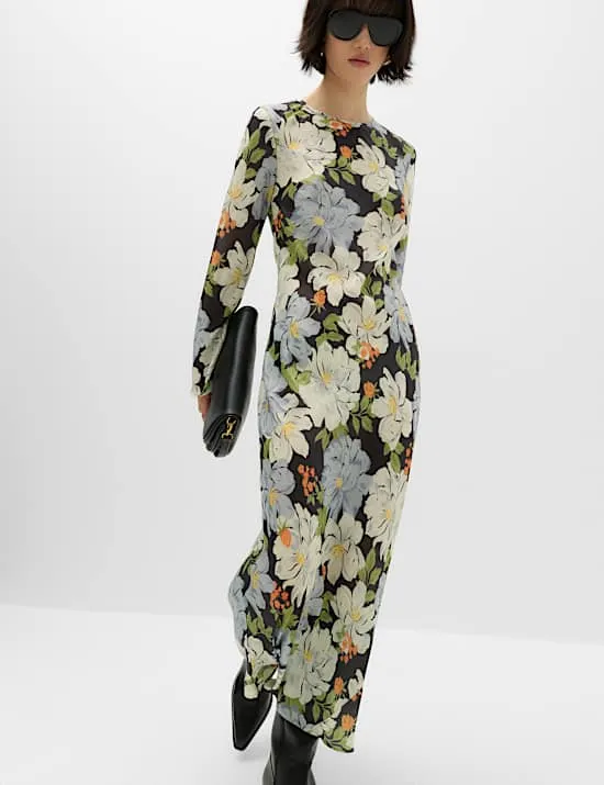Schmales florales Midaxi-Säulenkleid aus Satin