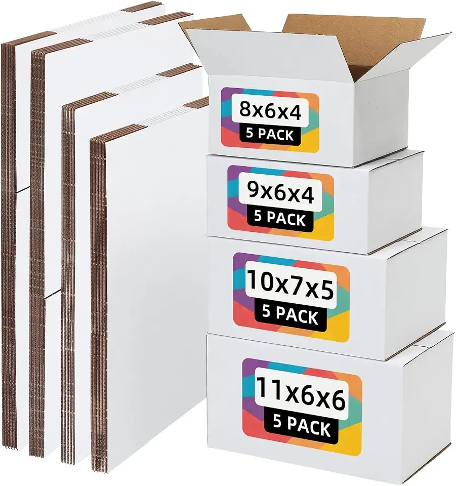EXYGLO 20 Pack 8x6x4, 9x6x4, 10x7x5, 11x6x6 Assorted Sizes Shipping Boxes for Small Business, Each Size 5 Pack, White Corrugated Cardboard Small Box for Packaging, Moving, Mailing, and Storing