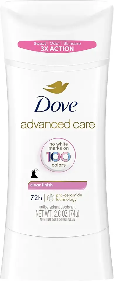 Dove Advanced Care Antiperspirant Deodorant Stick for Soft, Resilient Skin, Clear Finish with No White Marks and 72-Hour Sweat & Odor Protection, 2.6 oz