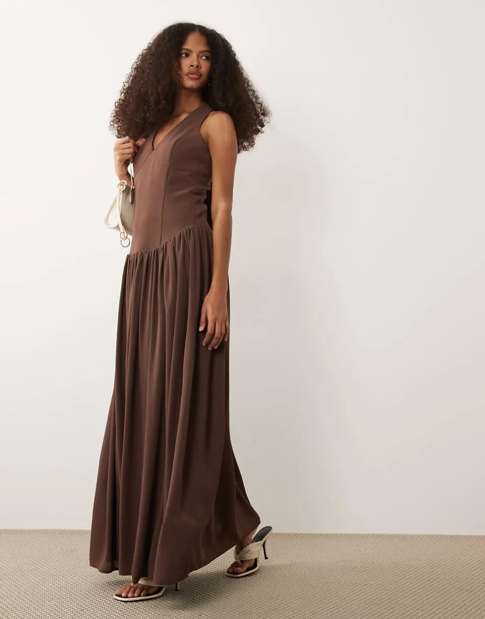 Pretty Lavish Isadora dropped waist fitted halter neck maxi dress in brown