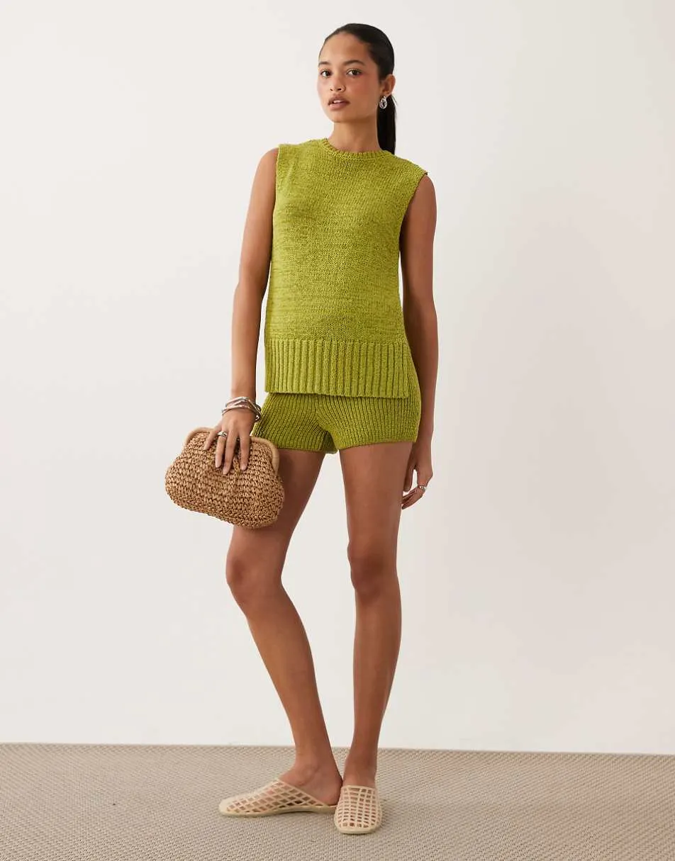 ASOS DESIGN tape yarn knitted tank & shorts co-ord in green