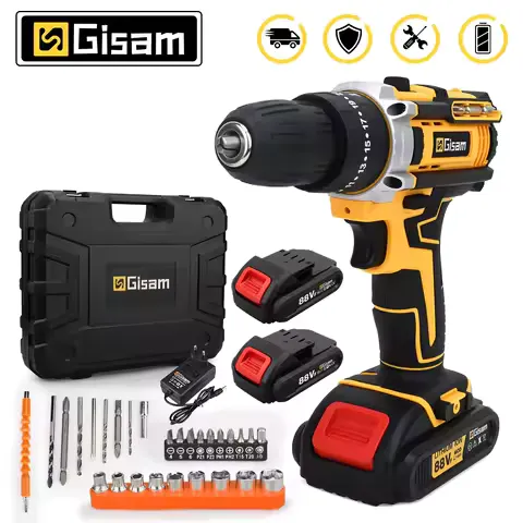 Gisam 25+3 Torque Electric Impact Screwdriver Multifunctional Cordless Drill Power Tool Setting 2 Gear Speed with 2 Batteries