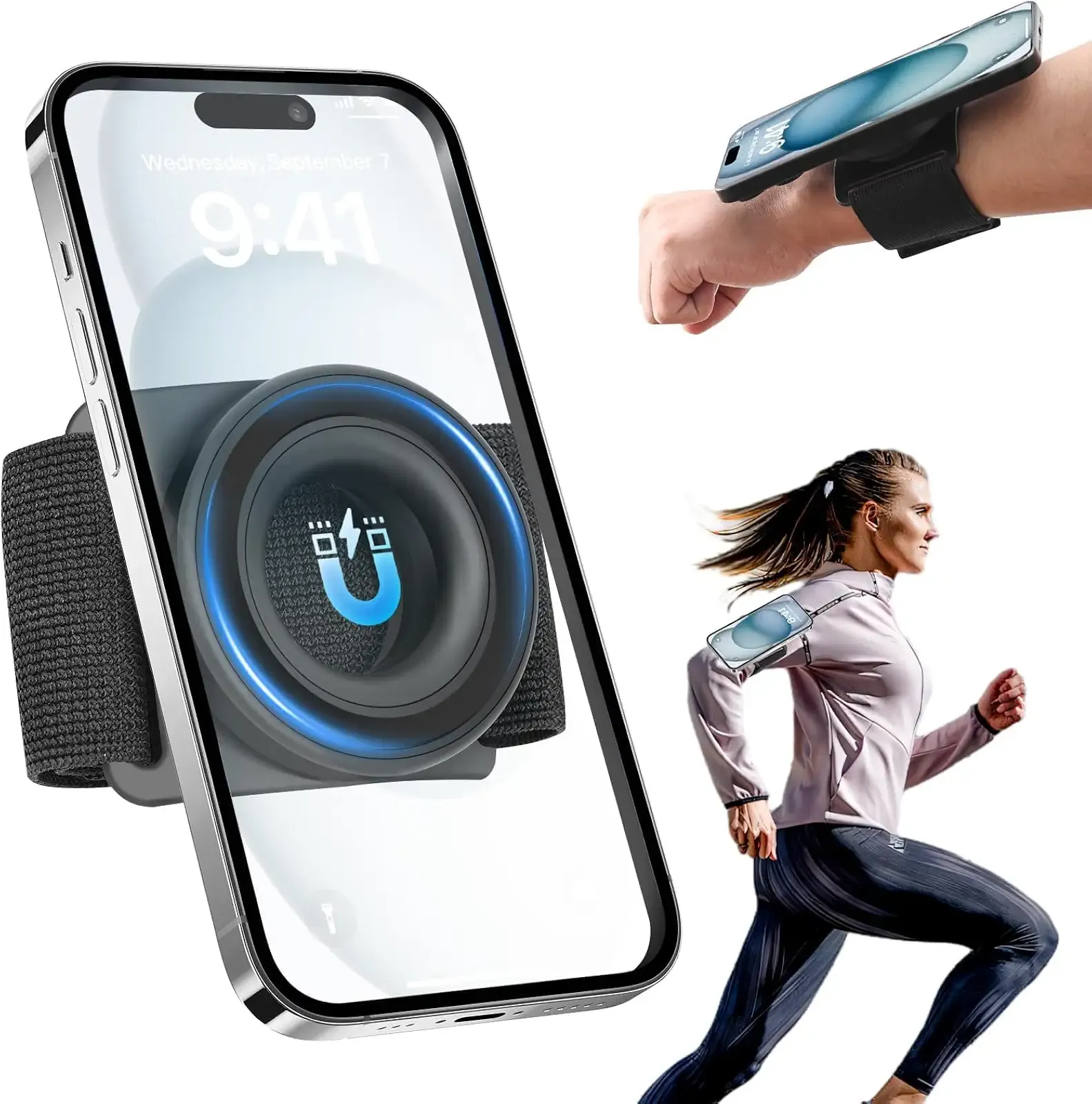 Running Phone Holder for iPhone [360° Rotatable & Upgrade Anti-Drop] Magnetic Wrist Phone Holder, Magsafe Armband Compatible with iPhone 17 Pro and Android - Black