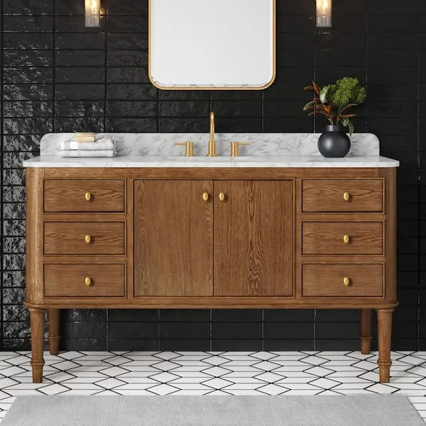 Home Decorators Collection Collette 60 in. Single Sink Freestanding Bathroom Vanity in Cinnamon Oak with Carrara White Marble Top (Assembled)