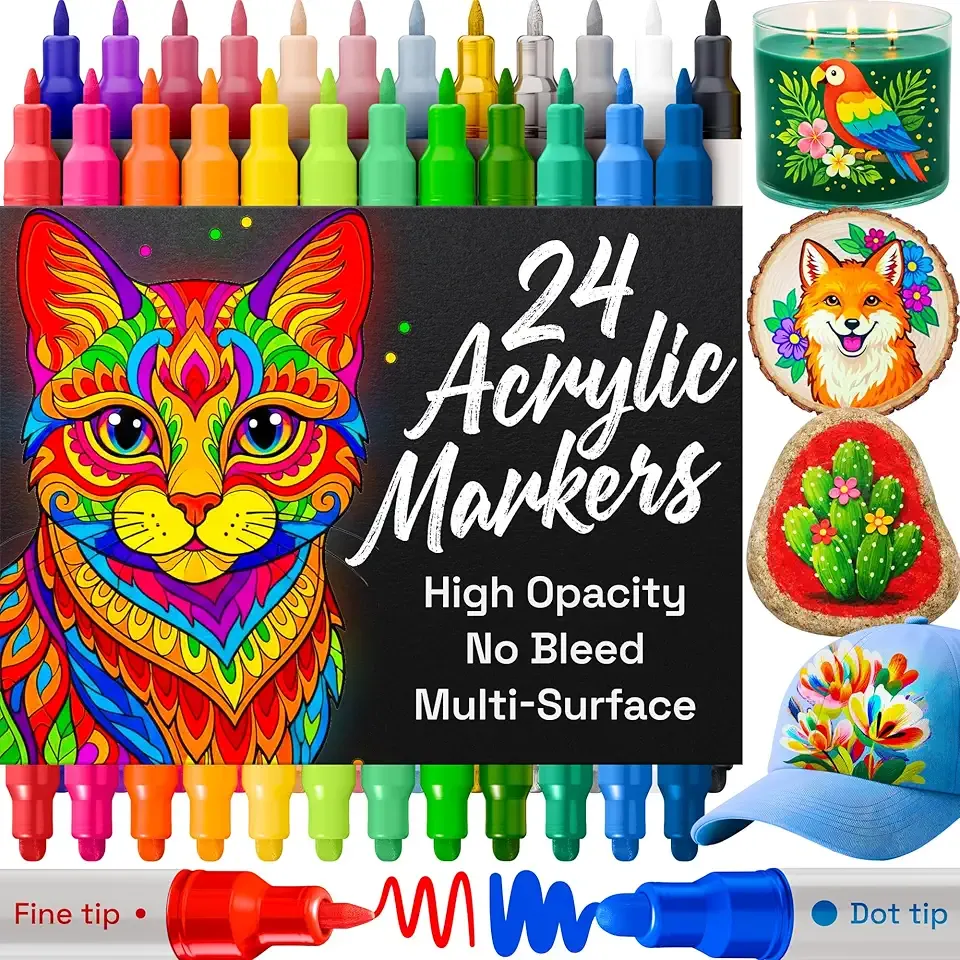 ARTISTRO 24 Acrylic Paint Markers for Rock, Fabric, Wood, Glass, Eggs - Dual-Tip Paint Pens for Coloring Books for Adults, Teens, Kids - Art & Craft Supplies - Gift Idea - Easter Basket Stuffers
