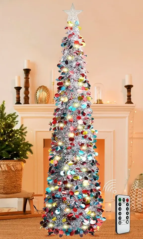 5FT Pop Up Christmas Tinsel Tree with 8 Rmote Lights Modes - Collapsible Colorful Sequin Artificial Christmas Pencil Trees Decorations for Home Apartment Party Fireplace Indoor Outdoor