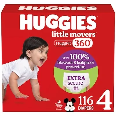 Little Movers HuggFit 360° Baby Diapers, Size 4, 116 Count