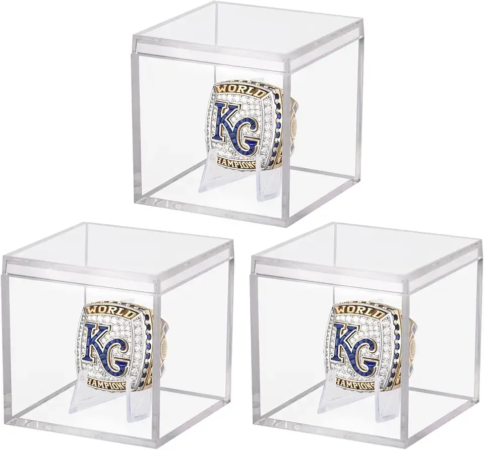 3 Pack Championship Ring Display Case Clear Acrylic Display Case Mini Football Baseball Softball Ring Holder Display Box Single Stand 1 Slot Ring Hole Storage Box Gift for Sports Fans, 2.16 Inch