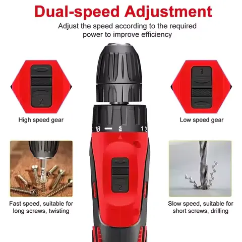EAFC 2-Speed Electric Hand Drill Screwdriver 60N.M Cordless Power Drills Woodworking Home DIY Electric Drill Control Power Set